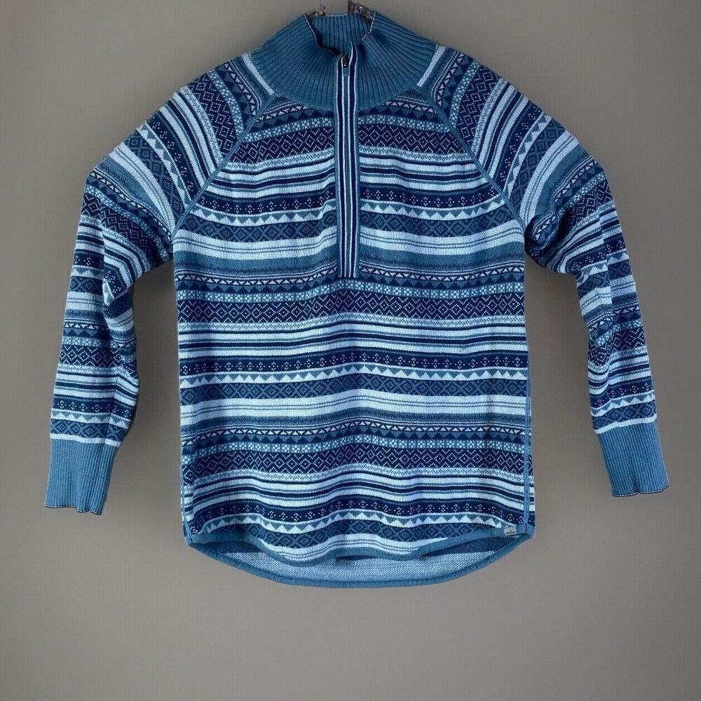 Eddie Bauer Womens Medium Sweater Fair Isle Blue  1/2 Zip Pullover